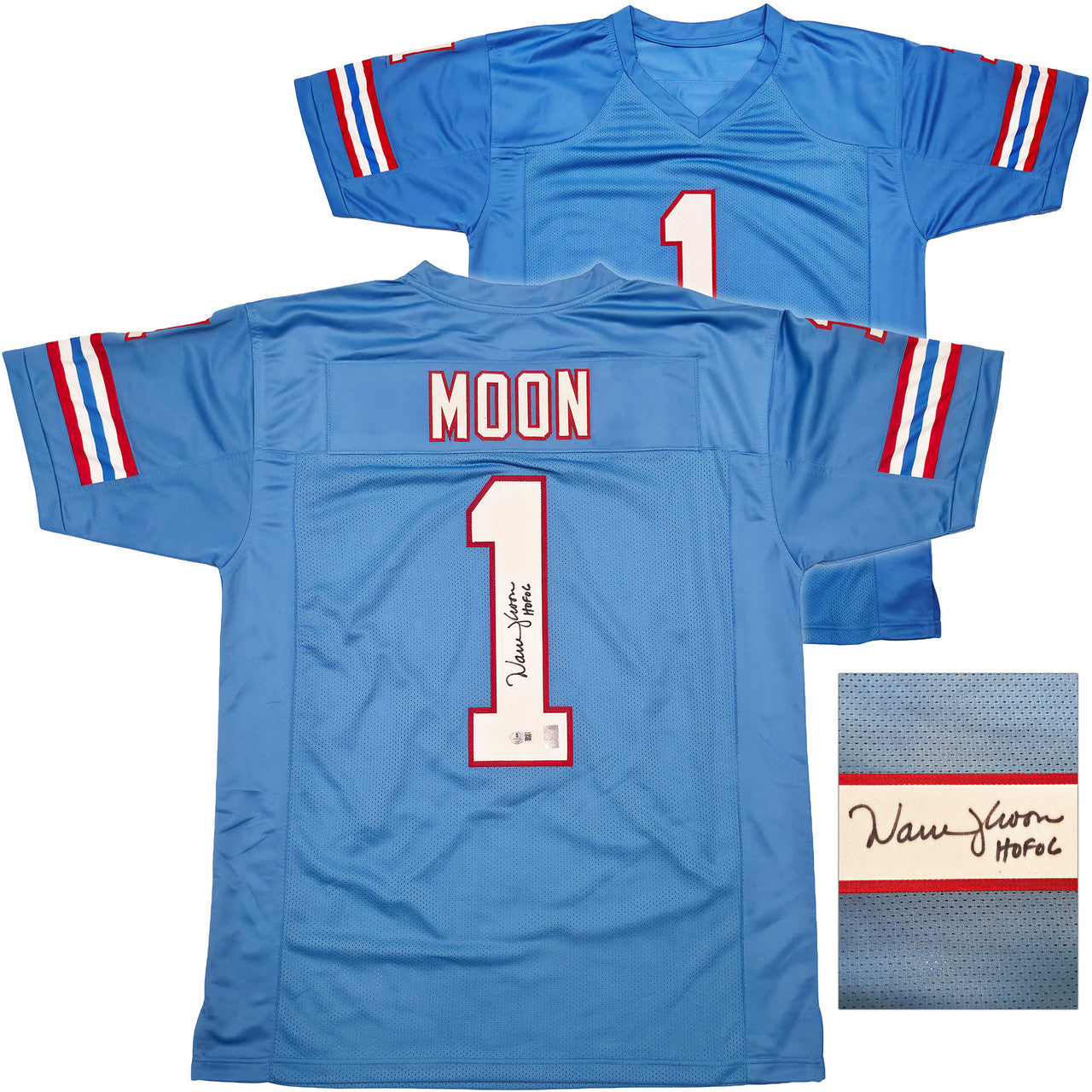 Houston Oilers Warren Moon Autographed Blue Jersey “HOF 06” – Beckett BAS QR