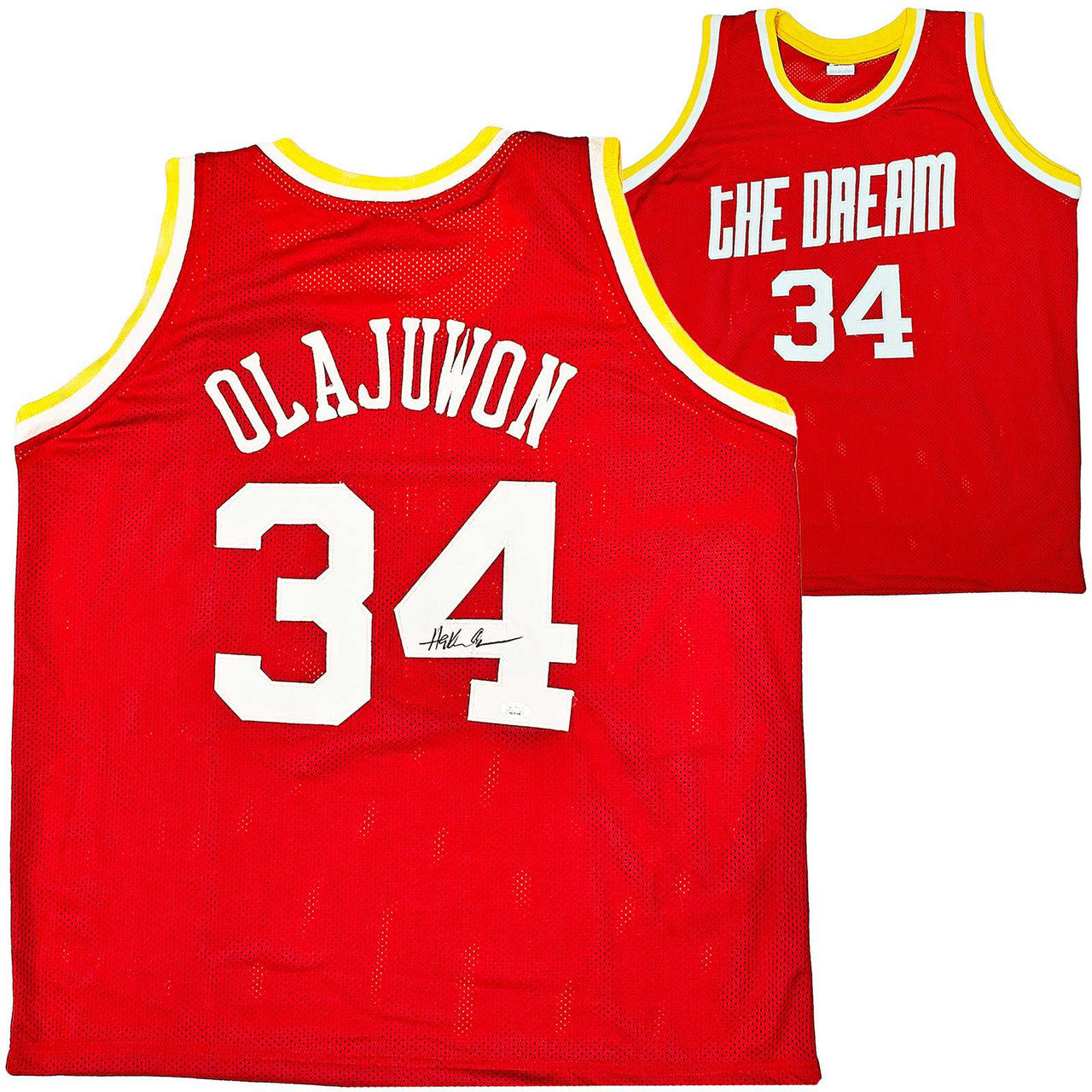 Hakeem Olajuwon Signed Red Custom Rockets Jersey “The Dream” Front – JSA COA
