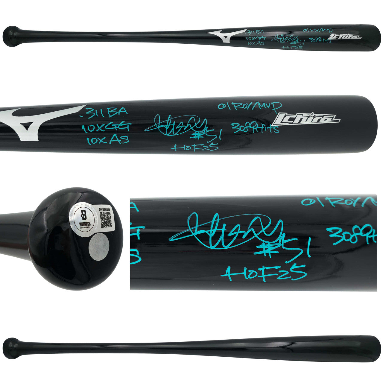 Ichiro Suzuki Autographed Black Mizuno Player Model Baseball Bat Seattle Mariners With 7 Stats IS Holo & Beckett BAS Witness