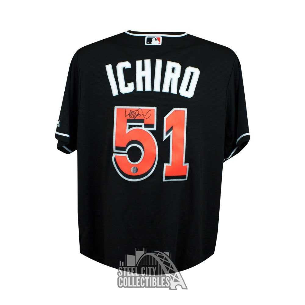 Ichiro Suzuki Autographed Miami Marlins Majestic Black Baseball Jersey - Ichiro Hologram