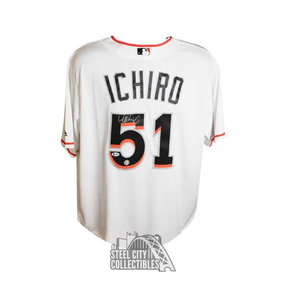 Ichiro Suzuki Autographed Miami Marlins Majestic White Baseball Jersey - BAS COA