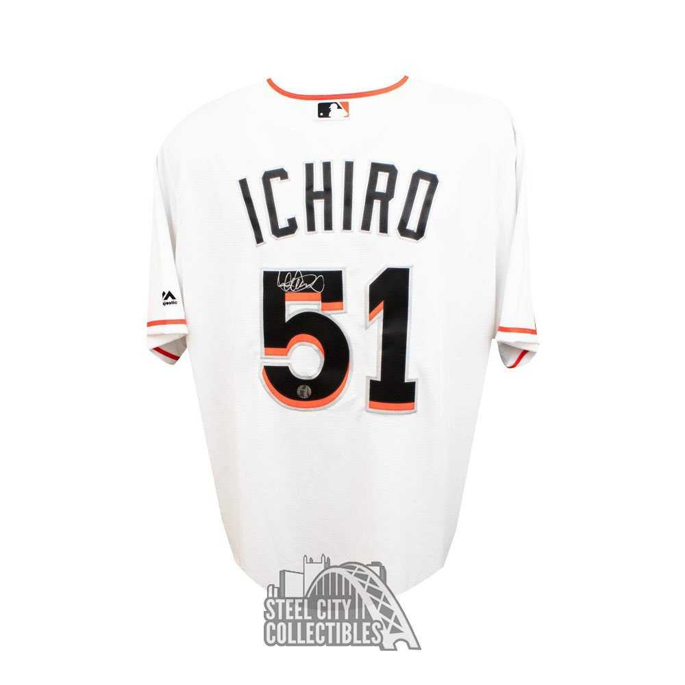 Ichiro Suzuki Autographed Miami Marlins Majestic White Baseball Jersey - Ichiro Hologram