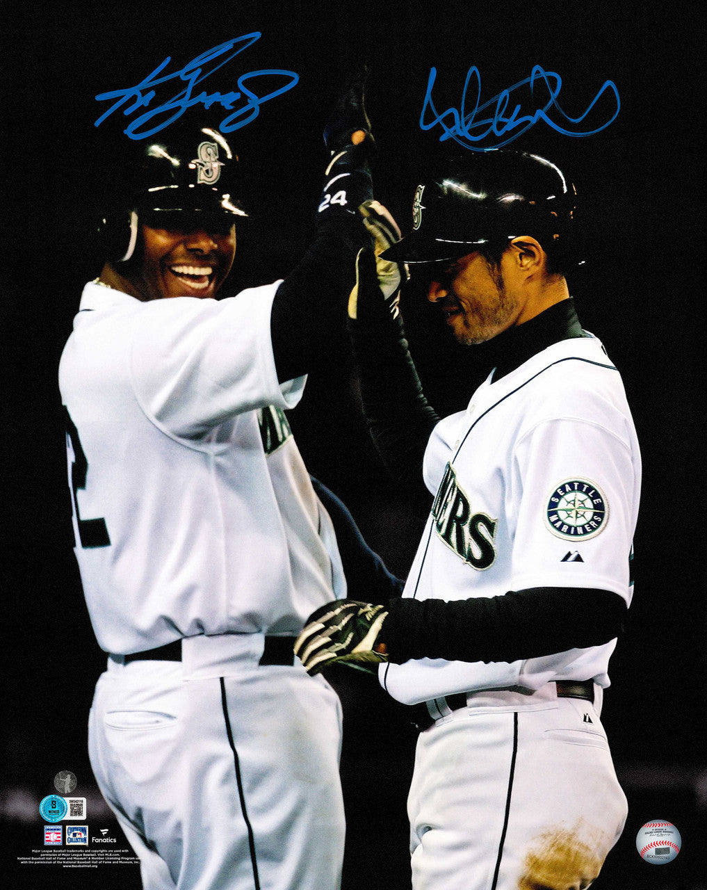 Ichiro Suzuki & Ken Griffey Jr. Autographed 16x20 Photo – Seattle Mariners Grand Slam Celebration – Beckett BAS Witness & Ichiro Holo