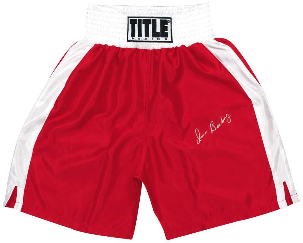 Iran Barkley Signed Title Red With White Trim Boxing Trunks - Schwartz Authenticated