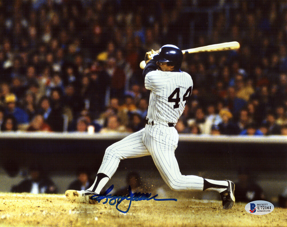 Reggie Jackson Autographed New York Yankees White Jersey Swinging Action 8x10 Photo - Beckett Authenticated