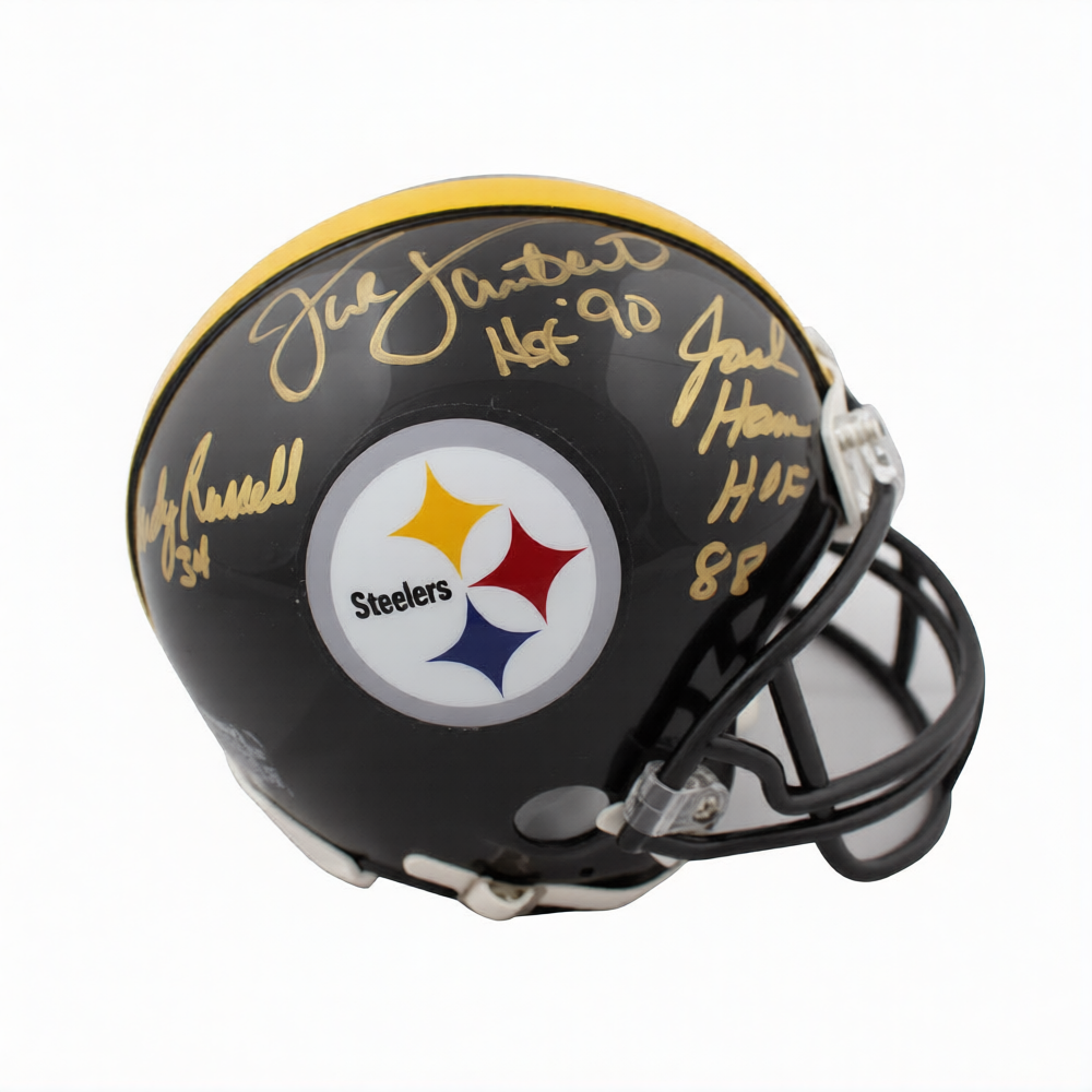 Pittsburgh Steelers Jack Ham, Jack Lambert & Andy Russell Autographed Riddell Football Mini Helmet - JSA Witnessed COA