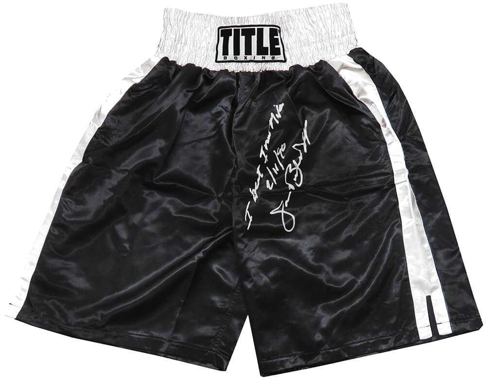 James Buster Douglas Signed Title Black & White Trim Boxing Trunks w/I Beat Iron Mike 2-11-90