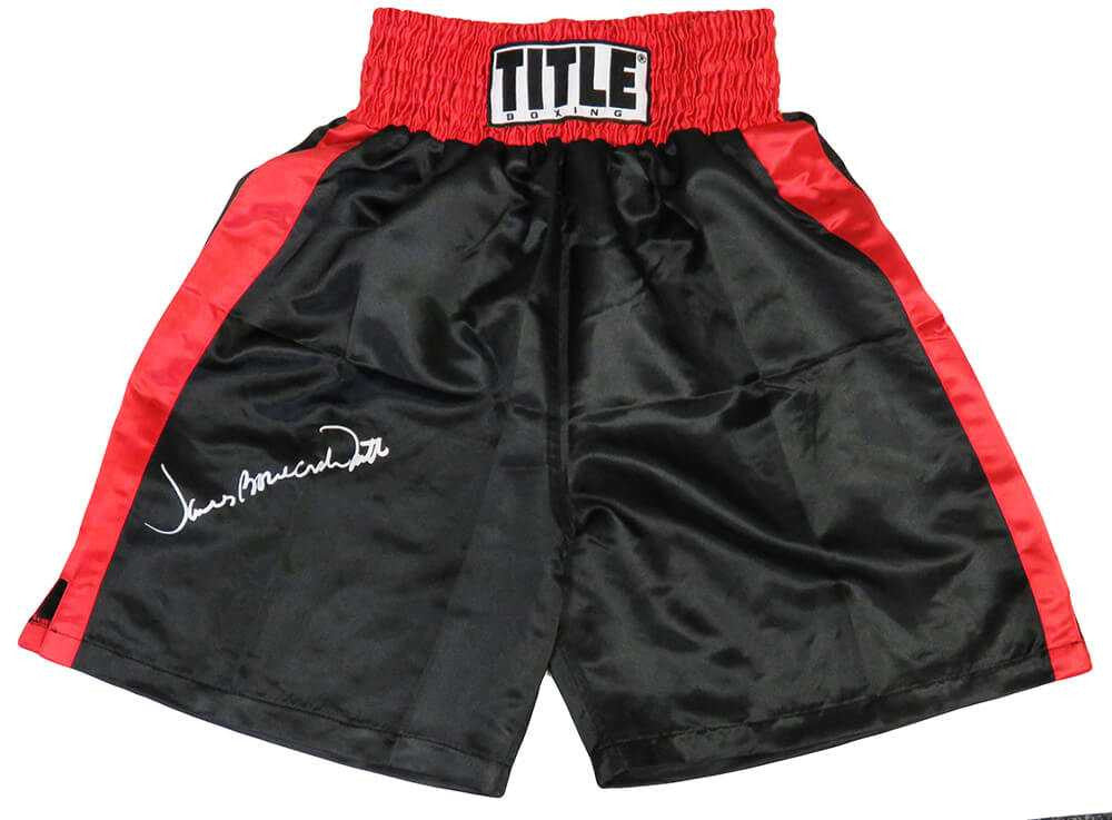 James Smith Signed Title Black With Red Trim Boxing Trunks w/Bonecrusher - Schwartz Authentic