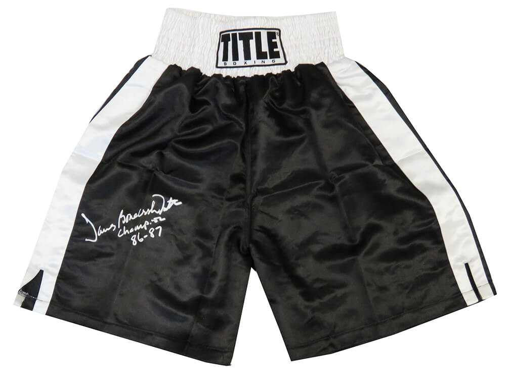James Smith Signed Title Black With White Trim Boxing Trunks w/Bonecrusher, Champion 86-87 - Schwartz Authentic