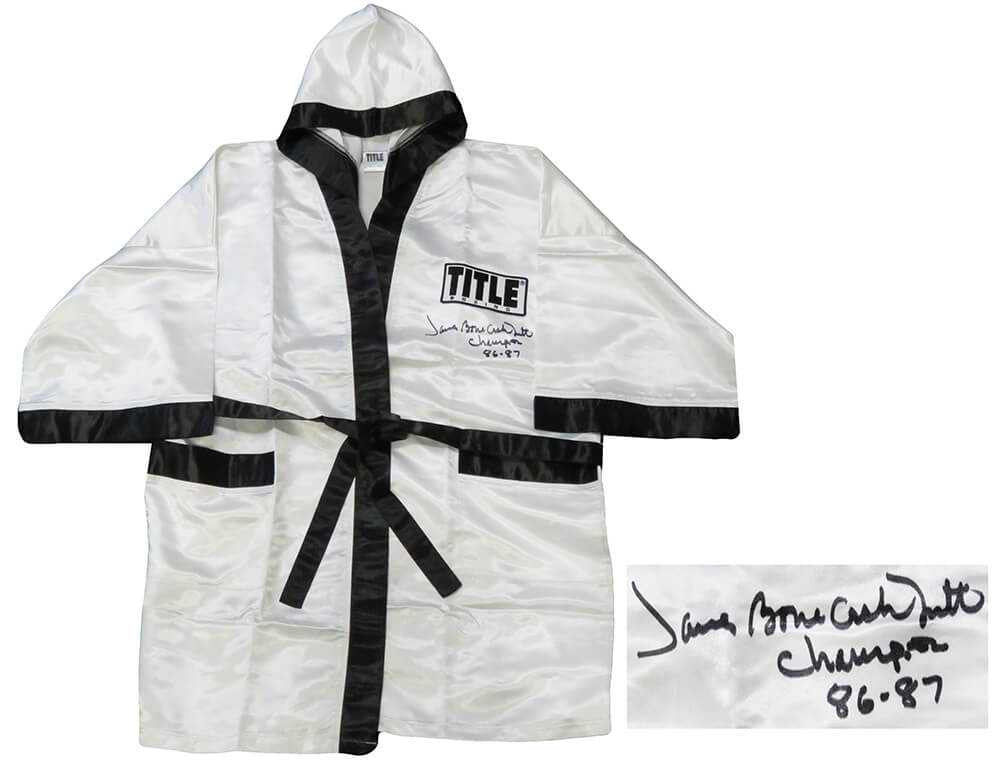 James Smith Signed Title White Full Length Boxing Robe w/Bonecrusher, Champ 86-87 - Schwartz Authentic