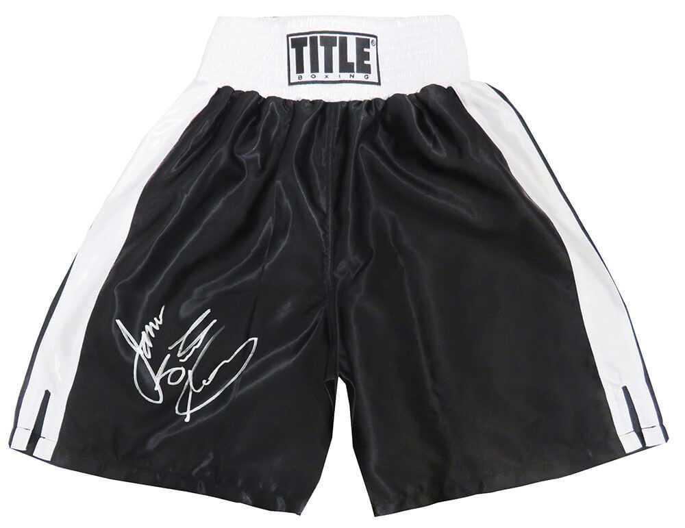 James Toney Signed Title Black With White Trim Boxing Trunks w/Lights Out - Schwartz Authenticated
