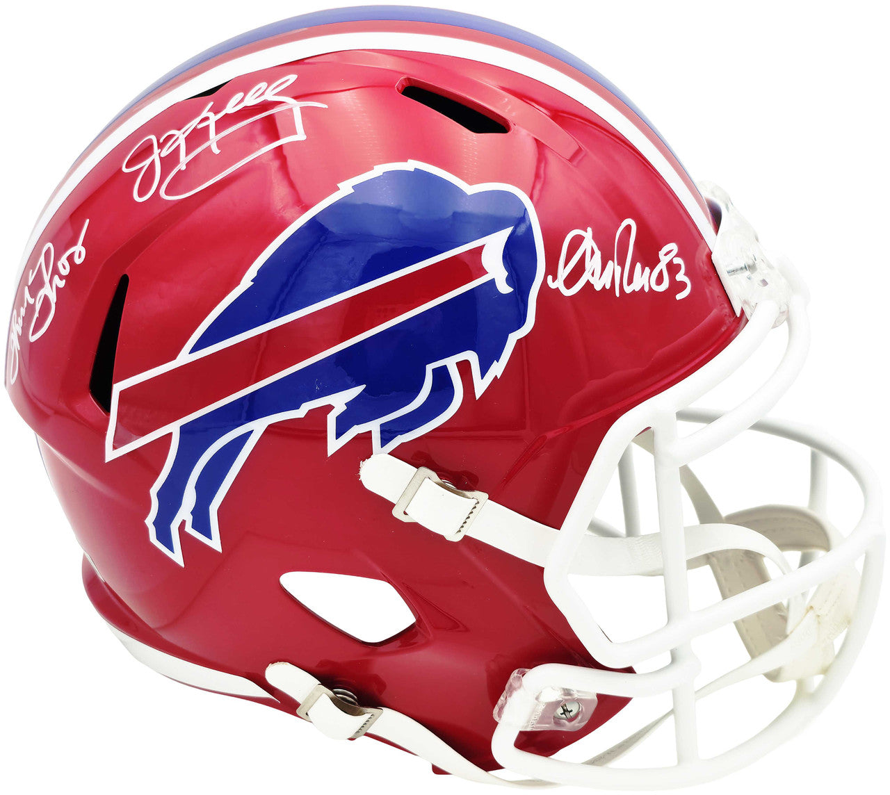 Jim Kelly, Thurman Thomas & Andre Reed Autographed Buffalo Bills Red Full Size Replica Speed Helmet Beckett BAS Witness