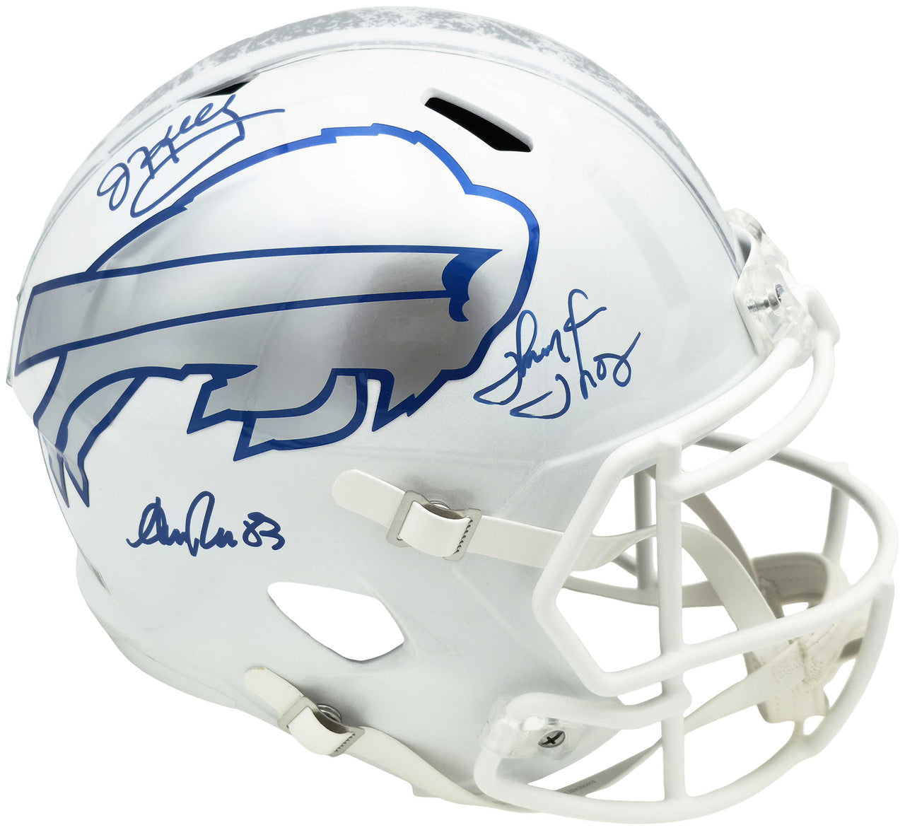 Jim Kelly, Thurman Thomas & Andre Reed Autographed Buffalo Bills Rivalries White Full Size Replica Speed Helmet Beckett BAS Witness