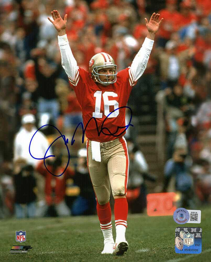 Joe Montana Signed San Francisco 49ers Arms Raised Red Jersey 8x10 Photo - Beckett