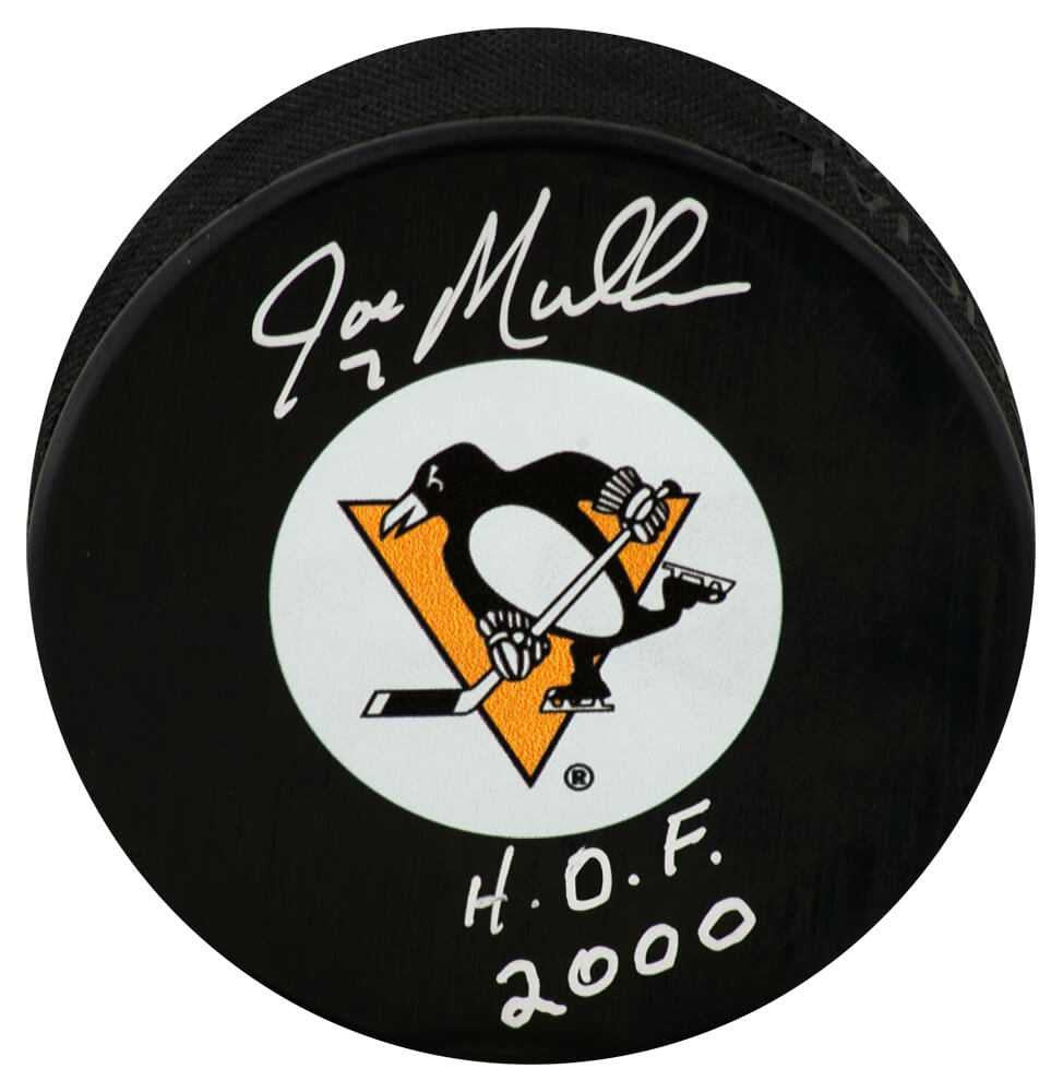Joe Mullen Signed Pittsburgh Penguins Logo Hockey Puck w/HOF 2000