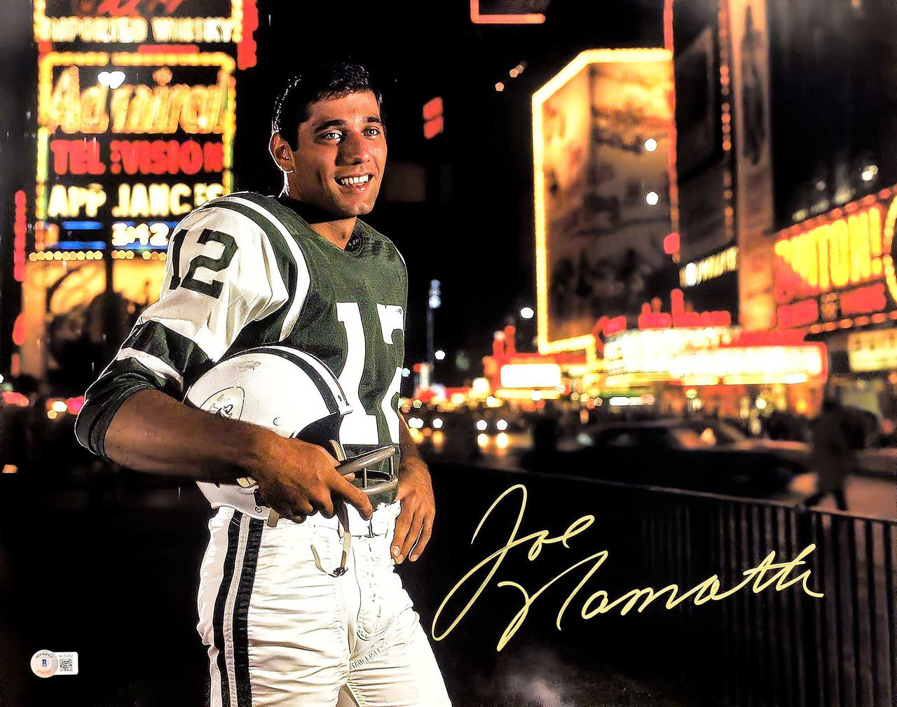 Joe Namath Autographed 16x20 Photo New York Jets Signed In Gold Beckett BAS Witness