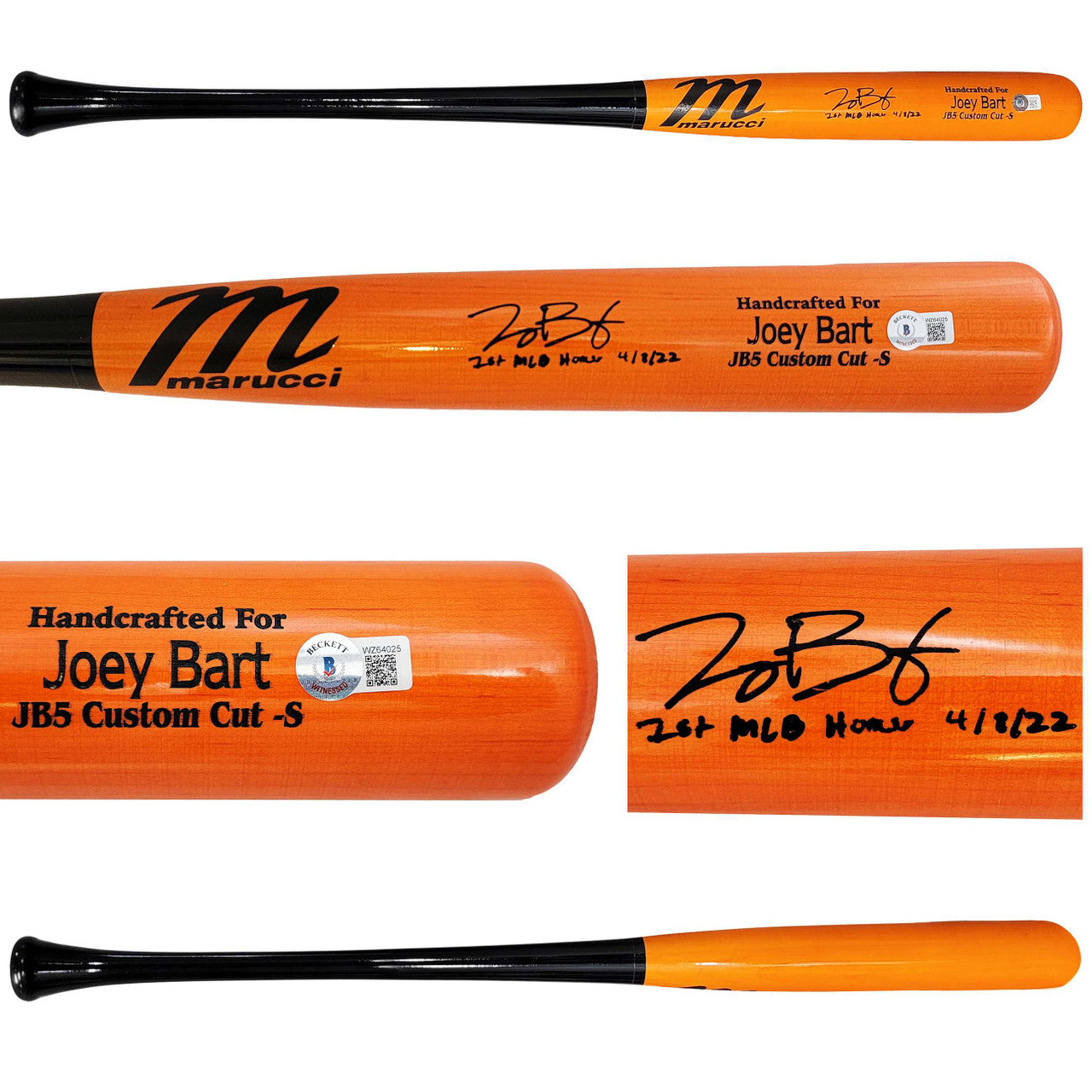 Joey Bart Autographed Orange Marucci Player Model Bat San Francisco Giants "1st MLB Homer" Beckett BAS Witness Stock #208240