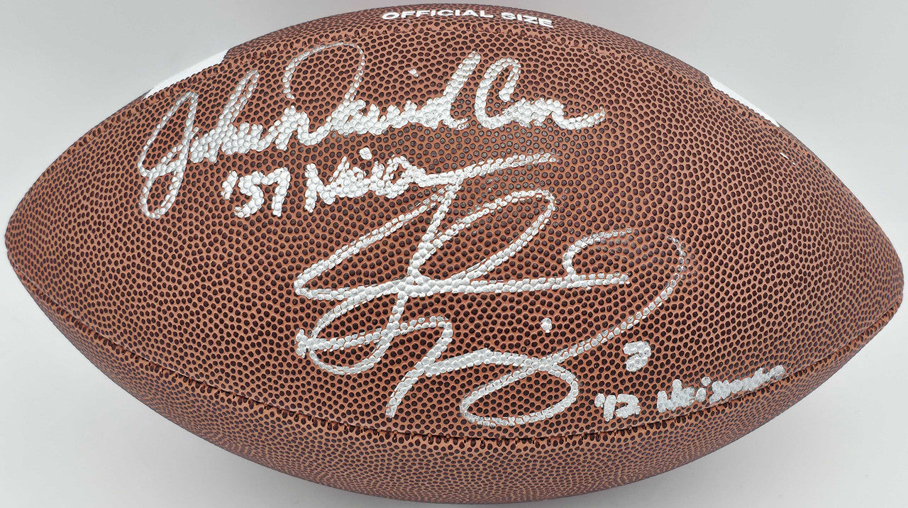 John David Crow & Johnny Manziel Autographed Official NCAA Wilson Leather Football Texas A&M Aggies "Heisman" Beckett BAS QR #BR84860