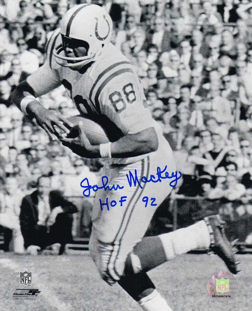 John Mackey Signed Colts B&W Running With Football 8x10 Photo w/HOF'92 - Schwartz Authentic