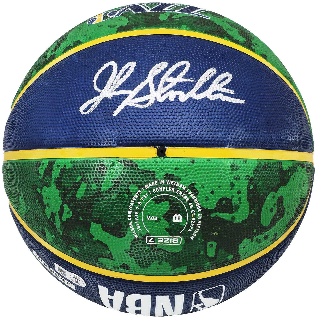 John Stockton Autographed Blue & Green Tie-dye Utah Jazz Logo Basketball Beckett BAS Witness Stock #224369