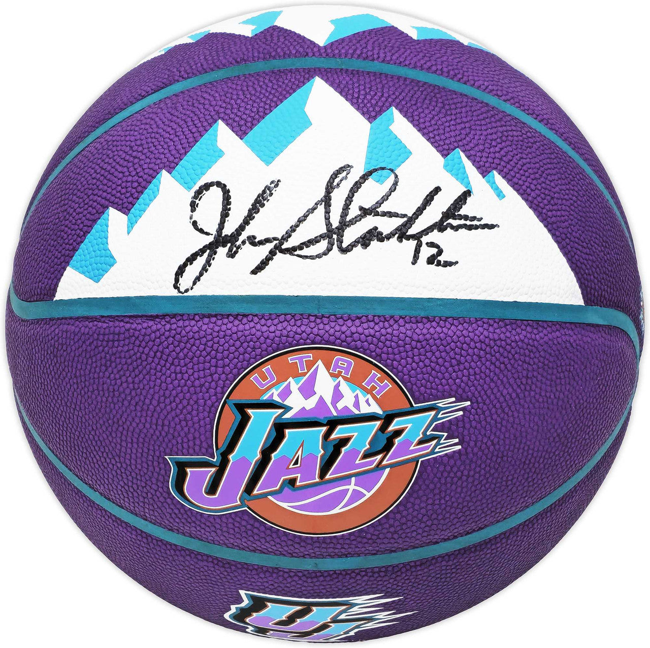John Stockton Autographed Purple City Edition Basketball Utah Jazz With Mountains Beckett BAS Witness Stock #224372