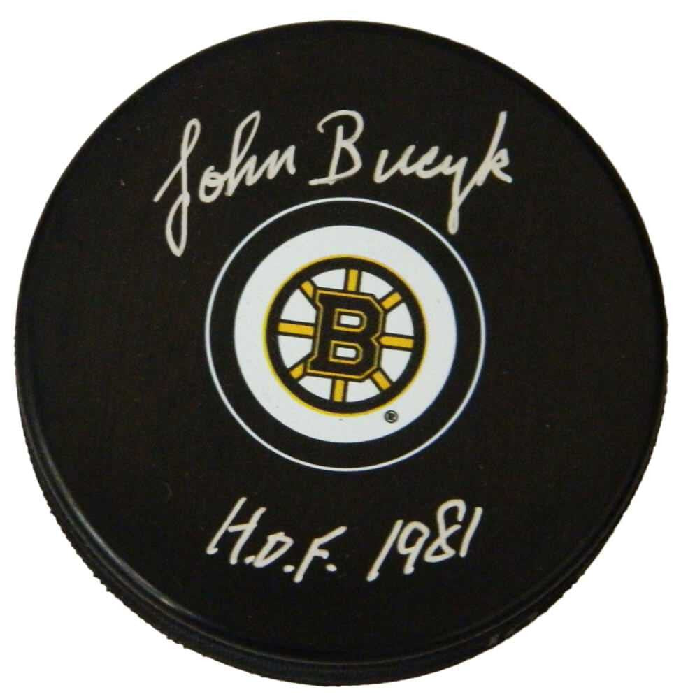 Johnny Bucyk Signed Boston Bruins Logo Hockey Puck w/HOF 1981 - Schwartz Authenticated