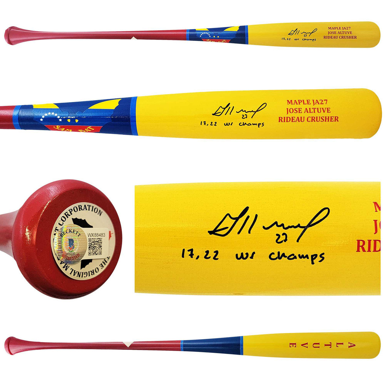 Jose Altuve Autographed Yellow Sam Player Model Bat Houston Astros "17, 22 WS Champs" Beckett BAS Witness