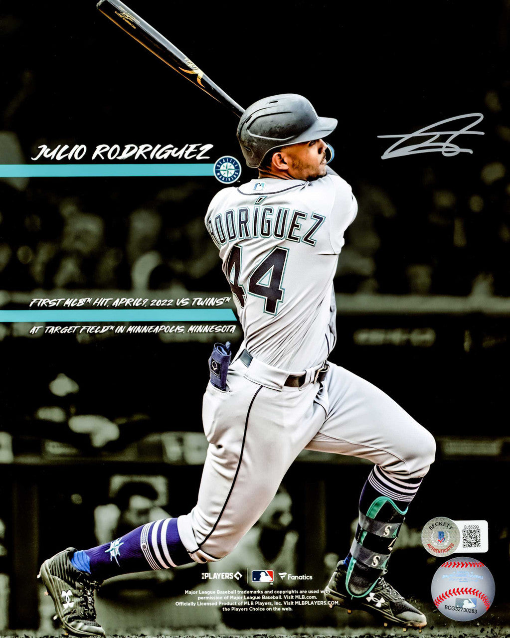 Julio Rodriguez Autographed 8X10 Photo Seattle Mariners First Hit Beckett BAS QR