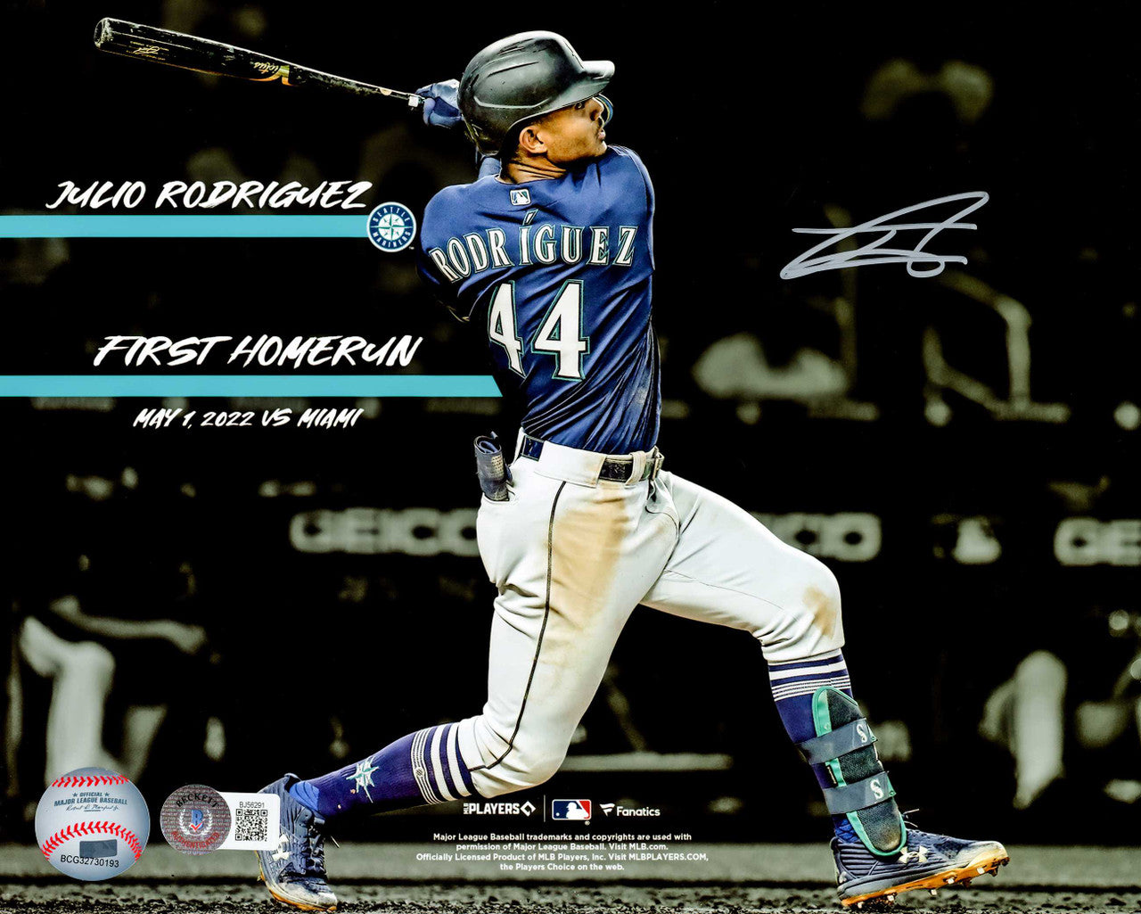 Julio Rodriguez Autographed 8X10 Photo Seattle Mariners First Home Run Beckett BAS QR