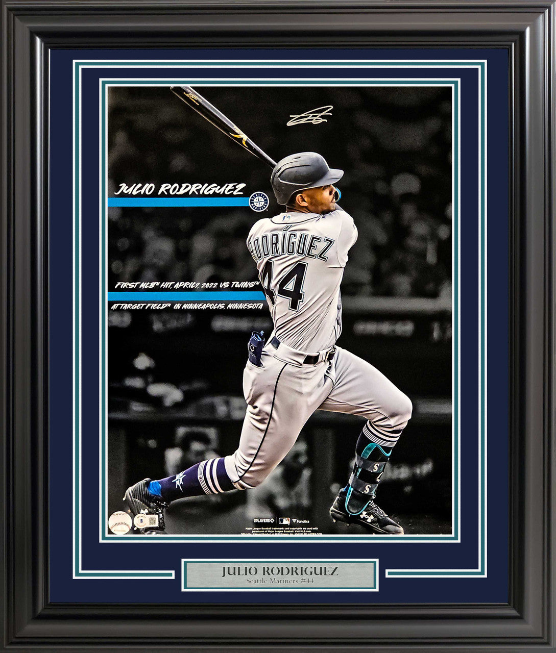 Julio Rodriguez Autographed Framed 16x20 Photo Seattle Mariners 1st Hit Beckett BAS QR