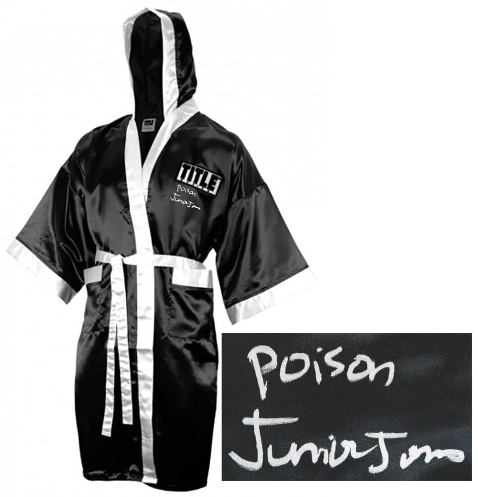 Junior Jones Signed Title Black With White Trim Boxing Robe w/Poison - Schwartz Authenticated