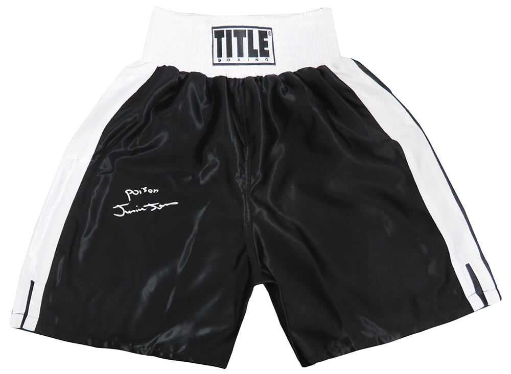 Junior Jones Signed Title Black With White Trim Boxing Trunks w/Poison - Schwartz Authenticated