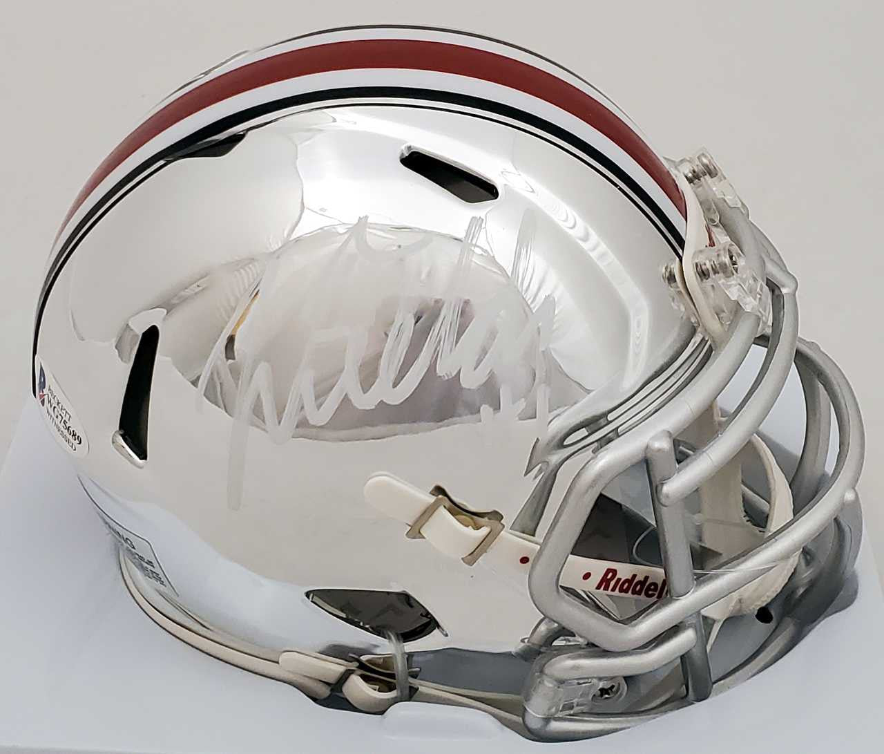 Justin Fields Autographed Ohio State Buckeyes Chrome Silver Speed Mini Helmet Beckett BAS