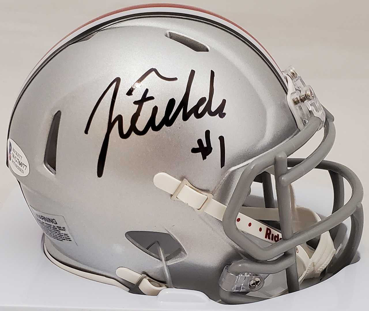 Justin Fields Autographed Ohio State Buckeyes Silver Speed Mini Helmet Beckett BAS