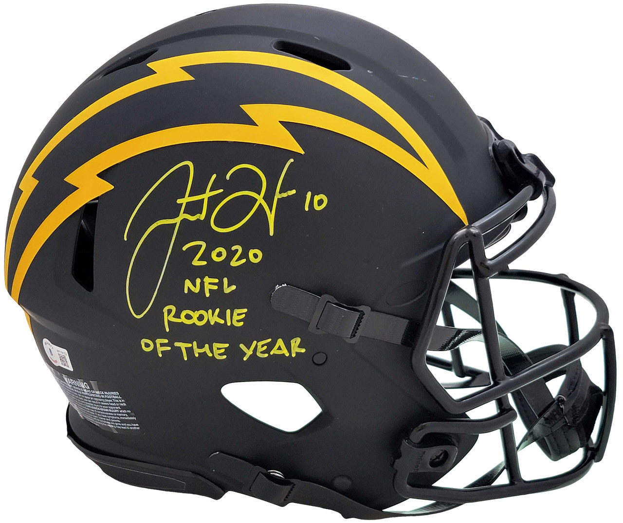 Justin Herbert Autographed Los Angeles Chargers Eclipse Black Full Size Authentic Speed Helmet "2020 NFL Rookie Of The Year" (Scuffed) Beckett BAS Witness
