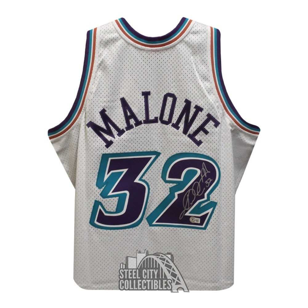 Karl Malone Autographed Utah Mitchell & Ness White Basketball Jersey - BAS