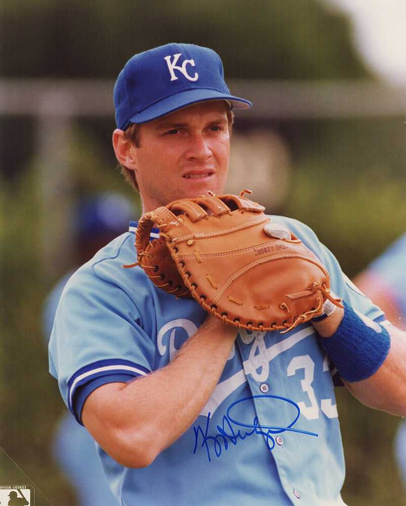 Kevin Seitzer Signed Kansas City Royals Glove In Hand 8x10 Photo - Schwartz Authenticated