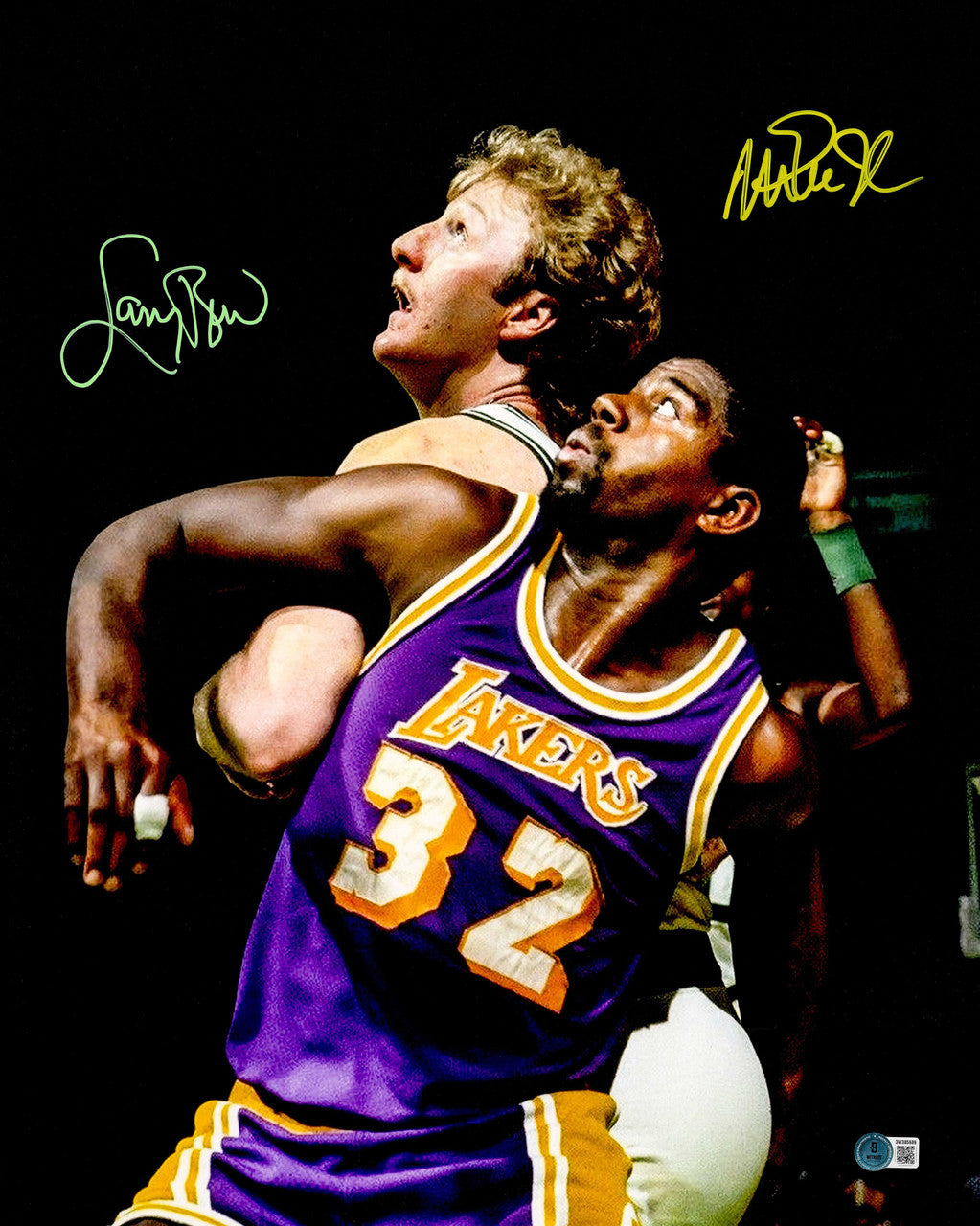 Larry Bird & Magic Johnson Autographed 16x20 Spotlight Photo – Boston Celtics & Los Angeles Lakers – Beckett BAS