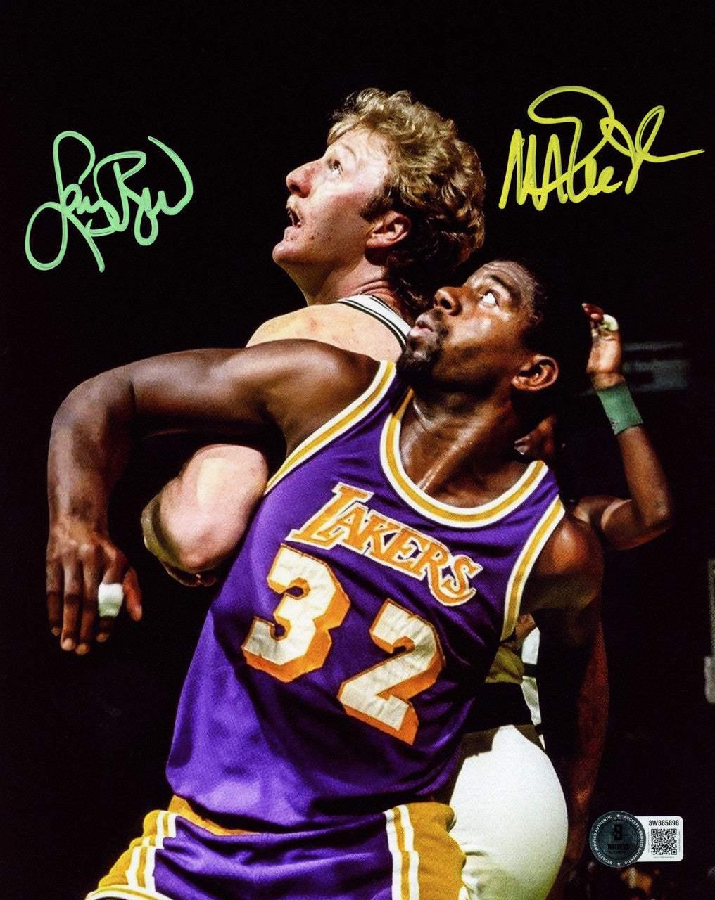 Larry Bird & Magic Johnson Autographed 8x10 Spotlight Photo – Boston Celtics & Los Angeles Lakers – Beckett BAS