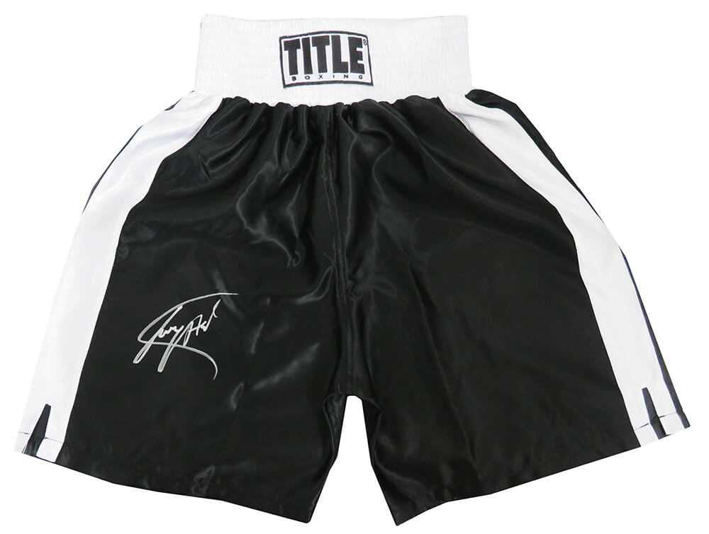 Larry Holmes Signed Title Black With White Trim Boxing Trunks - Schwartz Authenticated
