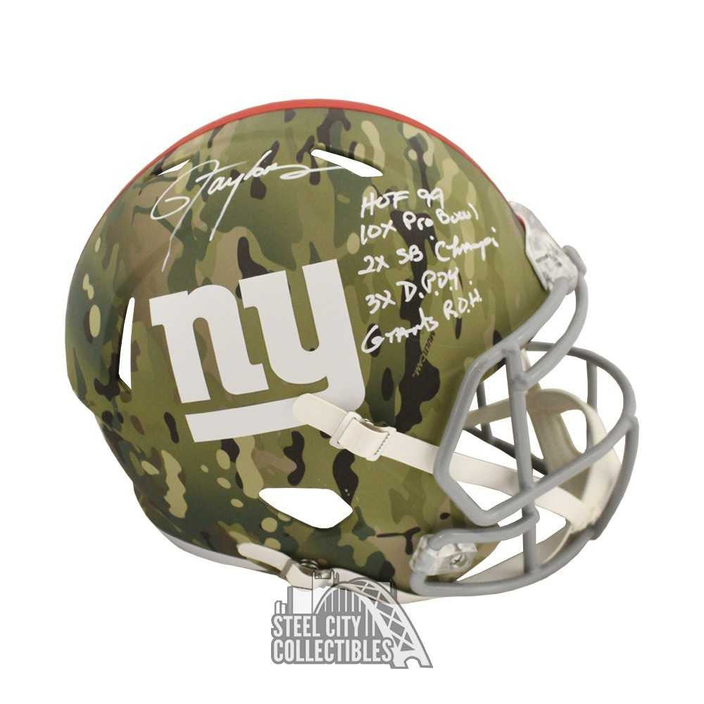Lawrence Taylor Autographed New York Camo 5 Stat Inscribed Full Size Replica Football Helmet - BAS