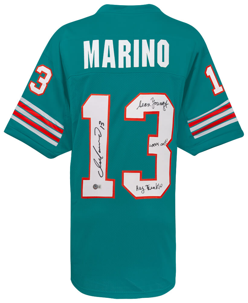 Miami Dolphins Dan Marino & Sean Young Dual Signed Teal Custom Football Jersey w/Ray Finkle, Laces Out Dan