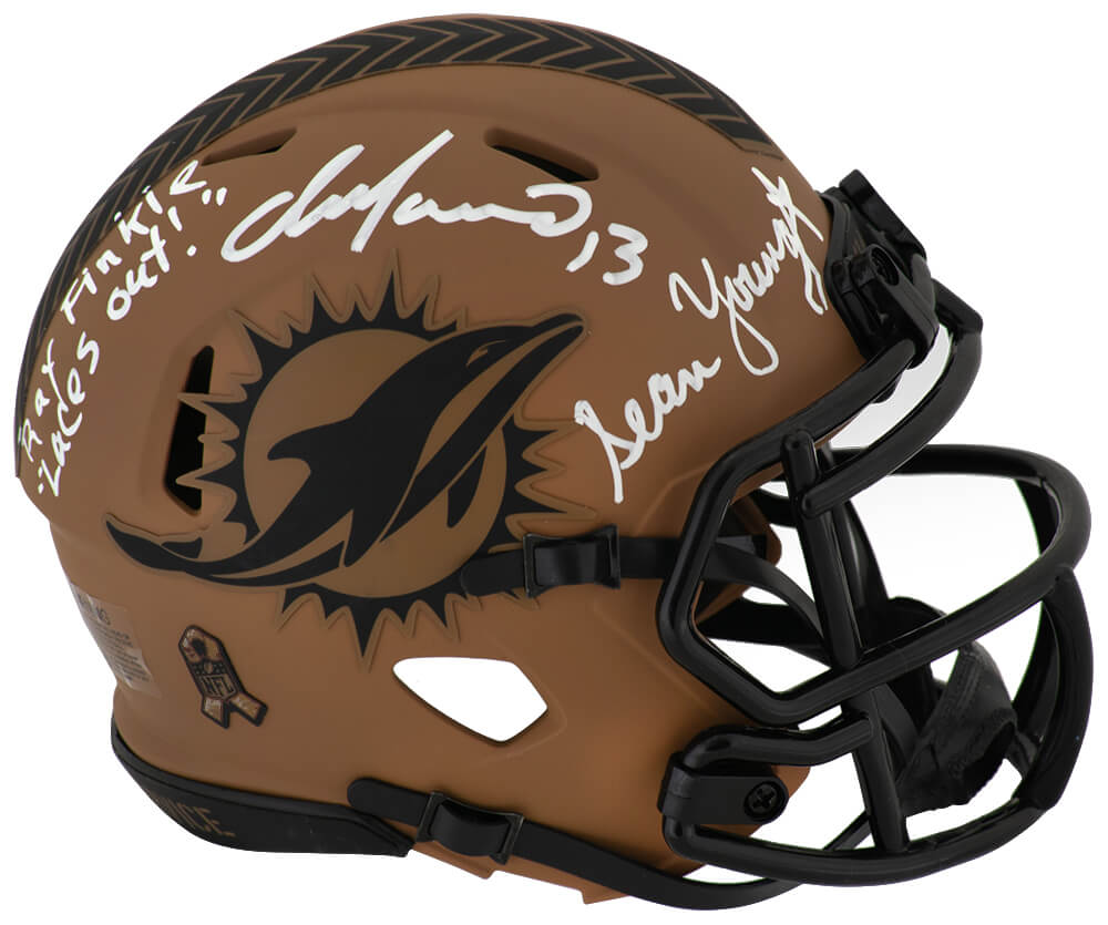 Dan Marino & Sean Young Signed Miami Dolphins Salute Riddell Speed Mini Helmet w/Ray Finkle, Laces Out Dan