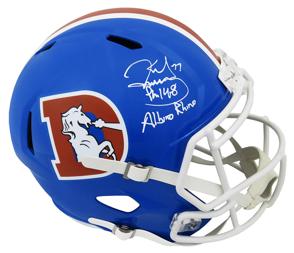 Karl Mecklenburg Signed Denver Broncos Throwback Riddell Full Size Speed Replica Helmet w/Albino Rhino