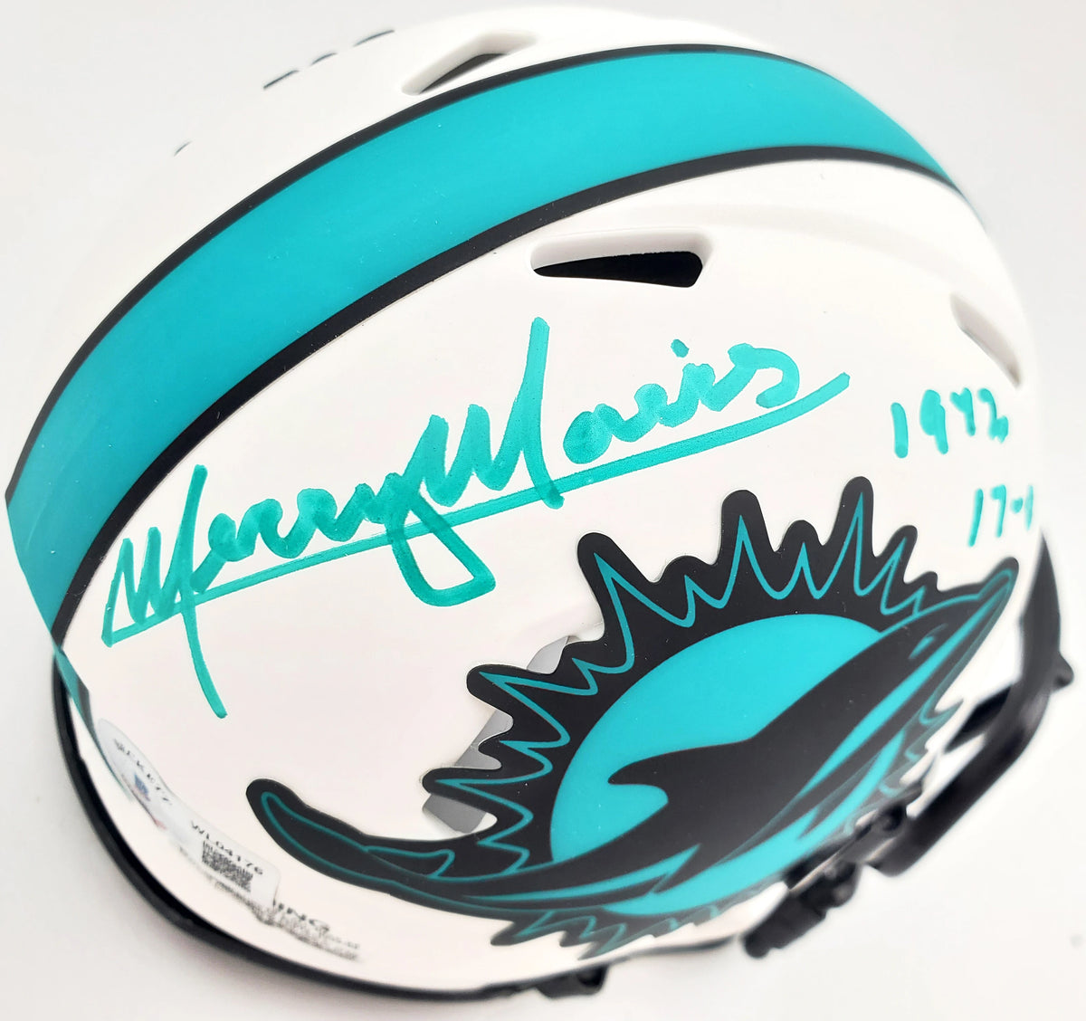 Mercury Morris Autographed Miami Dolphins Lunar Eclipse White Speed Mini Helmet with "1972 17-0" Inscription - Beckett BAS Certified