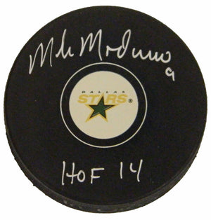 Mike Modano Signed Dallas Stars Logo Hockey Puck w/HOF 14