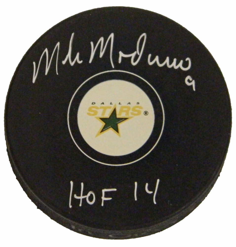 Mike Modano Signed Dallas Stars Logo Hockey Puck w/HOF 14