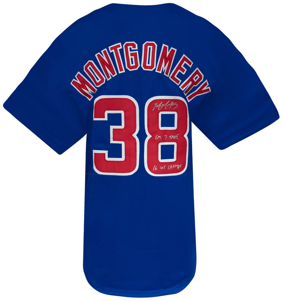 Chicago Cubs Mike Montgomery Signed Blue Custom Jersey w/16 WS Champs, Gm 7 Save
