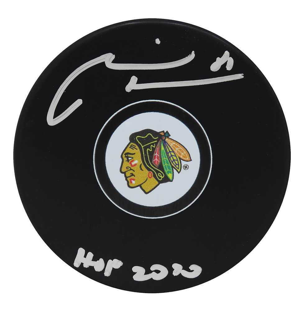 Marian Hossa Signed Chicago Blackhawks Logo Hockey Puck w/HOF 2020 - Schwartz Sports