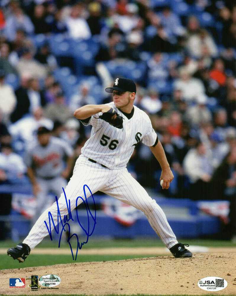 Mark Buehrle Signed Chicago White Sox White Pinstripe Jersey Pitching Action 8x10 Photo - JSA
